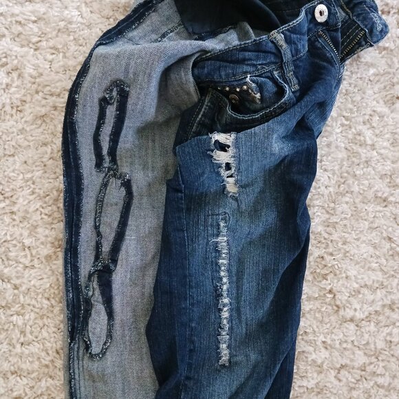 Blue Crush Skinny Blue Women's Jeans Sz 9 Embellished Pockets Boho Distressted - Picture 8 of 13